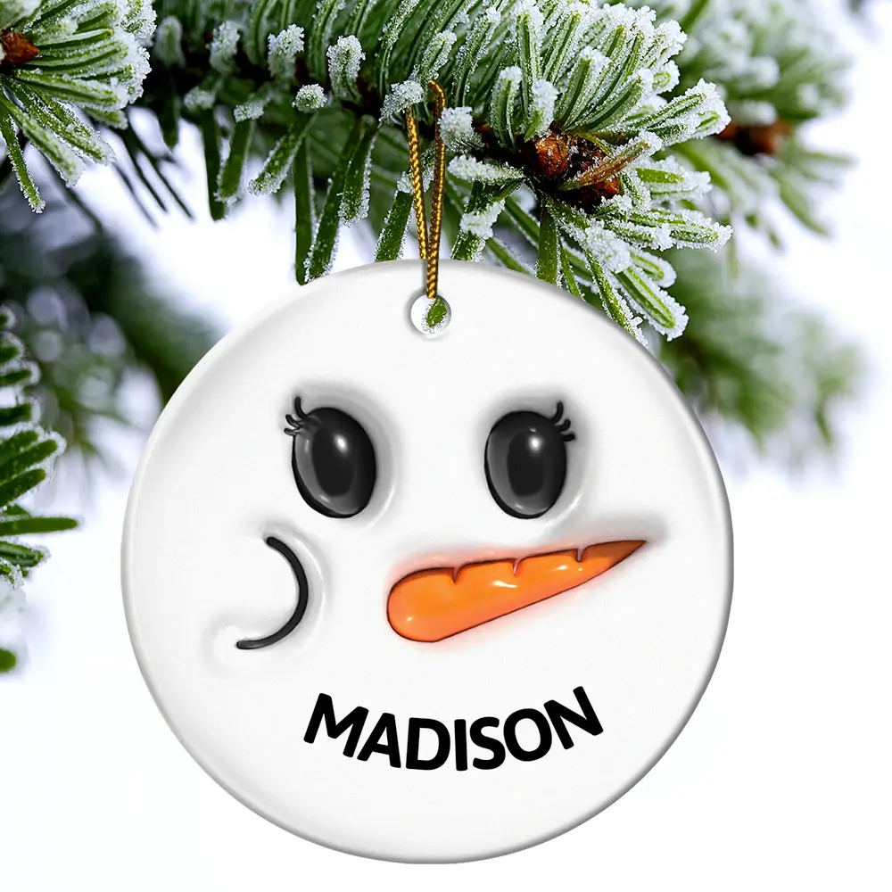 Cute Snowman Smile Name - 3D Inflated Effect Printed Personalized Combo Circle Ceramic Ornament Set - Image 4