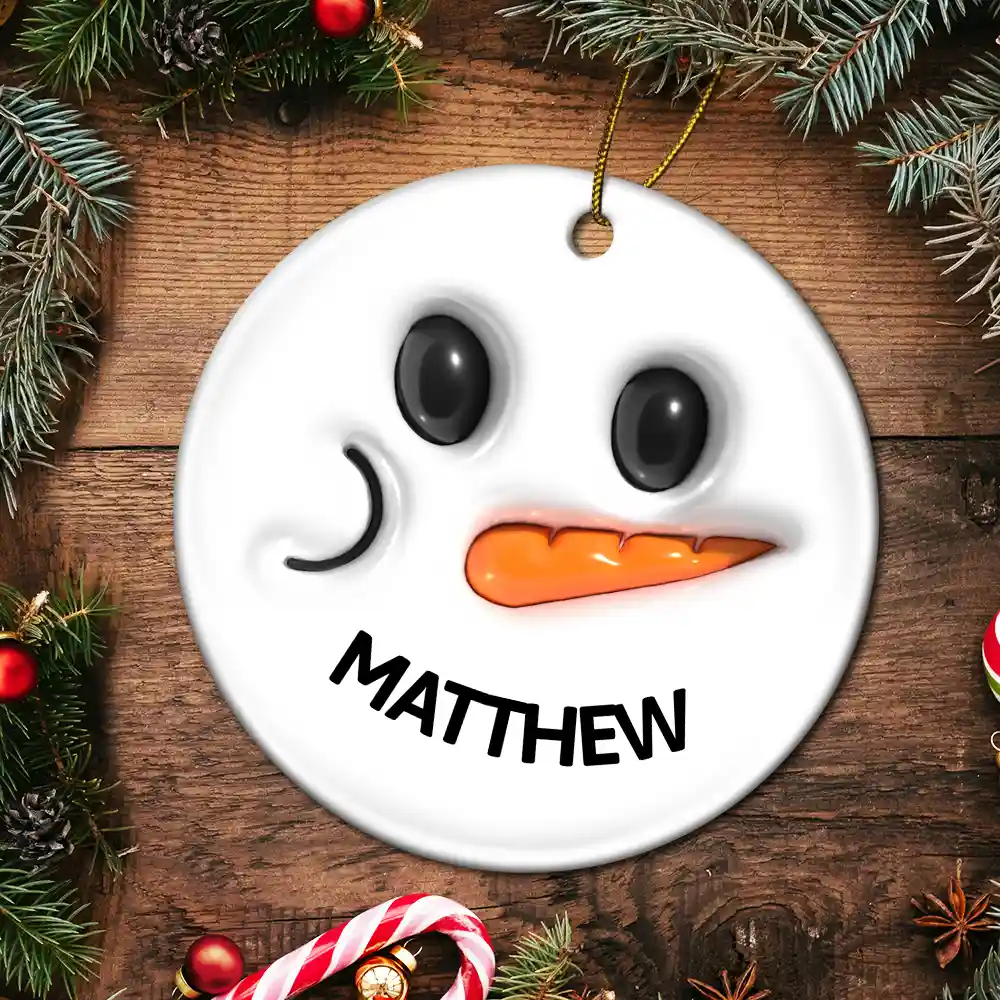 Cute Snowman Smile Name - 3D Inflated Effect Printed Personalized Combo Circle Ceramic Ornament Set - Image 5