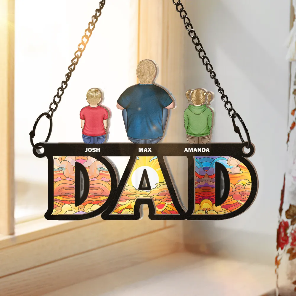 Dad And His Children - Personalized Window Hanging Suncatcher Ornament
