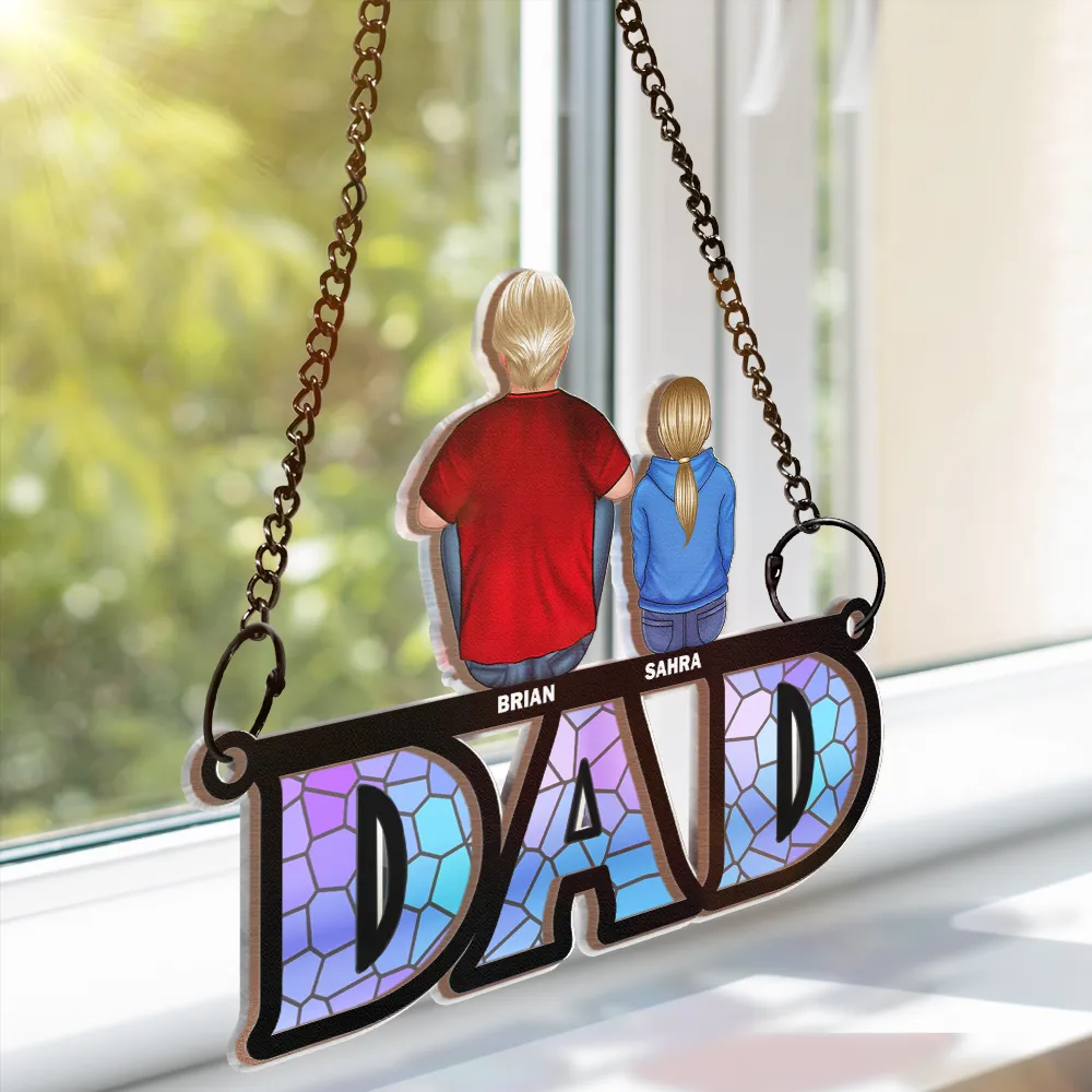 Dad And His Children - Personalized Window Hanging Suncatcher Ornament - Image 3