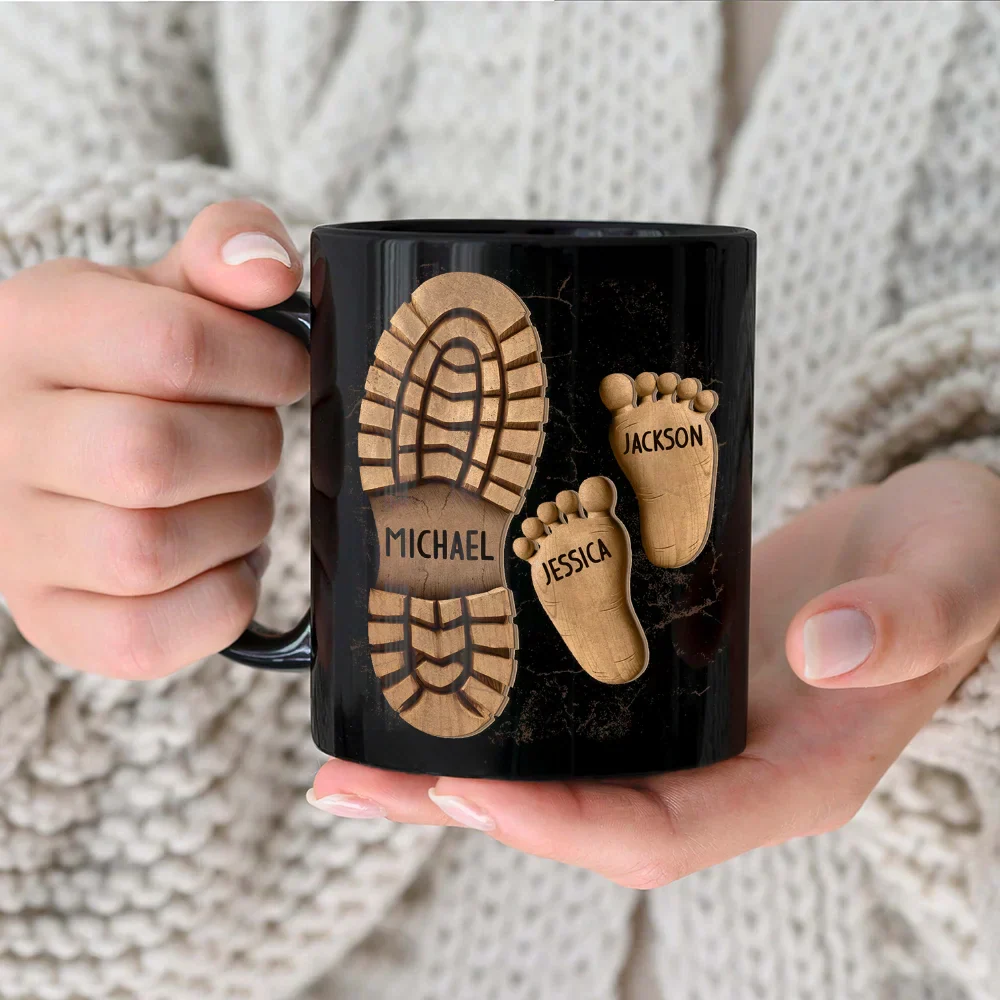 Dad And Kids Footsteps No Matter How Big We Get - Personalized Black Mug - Image 3