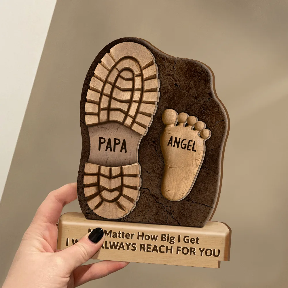 Dad And Kids Footsteps No Matter How Big We Get - Personalized Custom Shaped 2-Layered Wooden Plaque - Image 3