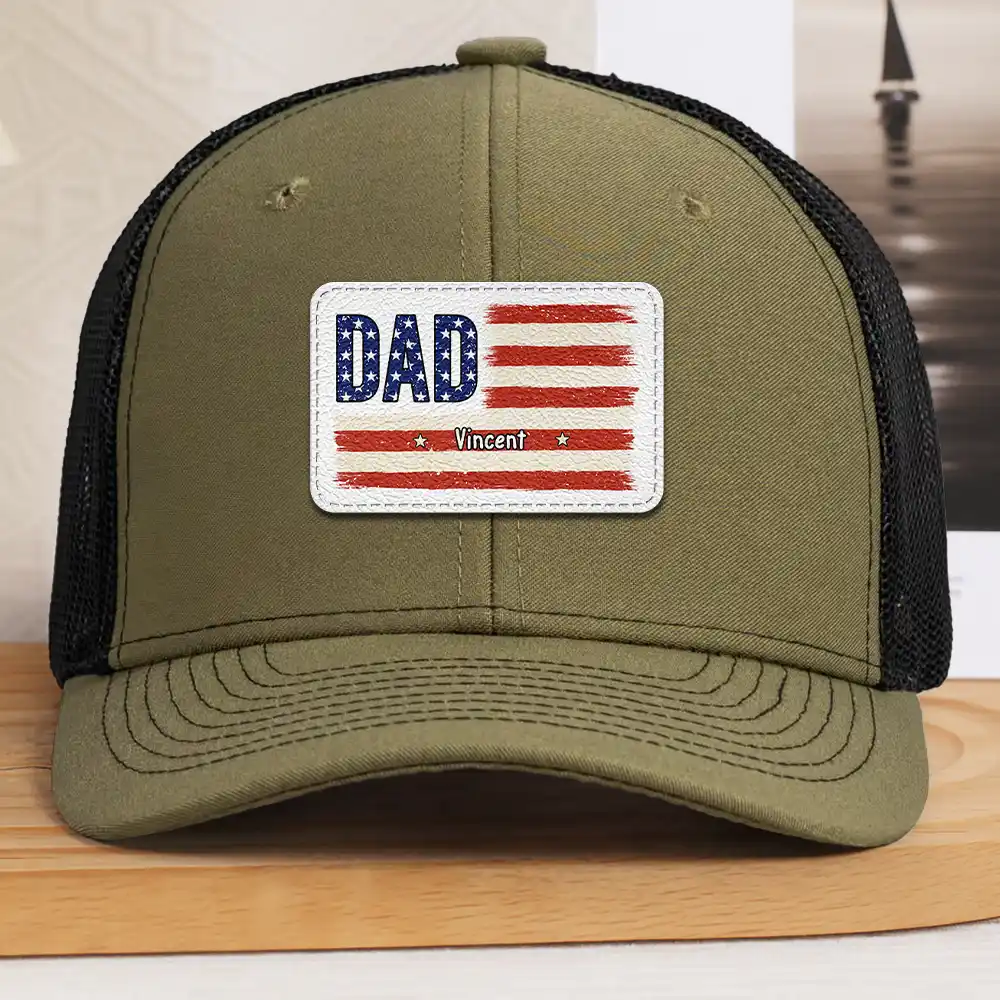 Dad Grandpa America Flag Brush Stroke - Personalized Leather Patch Hat - Image 2