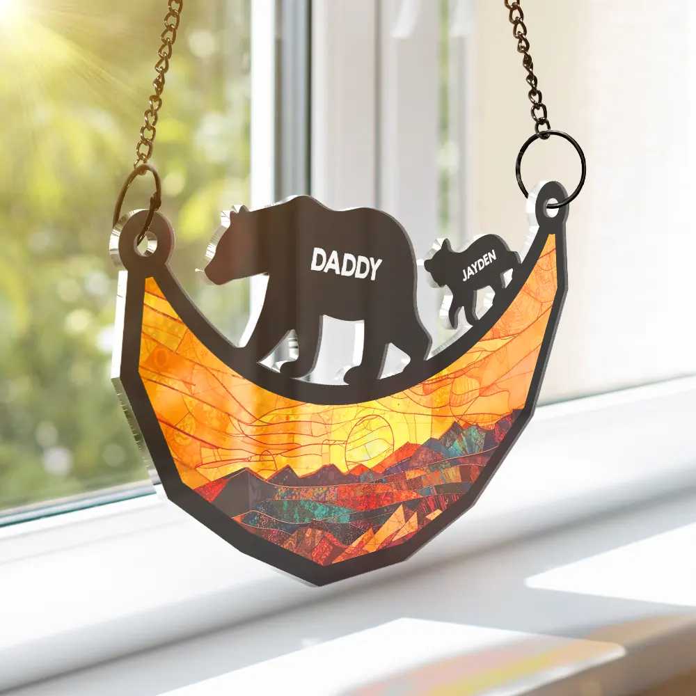 Dad Grandpa Papa Bear And Cubs - Personalized Window Hanging Suncatcher Ornament - Image 3
