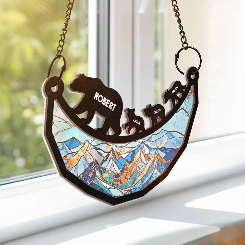 Dad Grandpa Papa Bear And Cubs - Personalized Window Hanging Suncatcher Ornament - Image 4