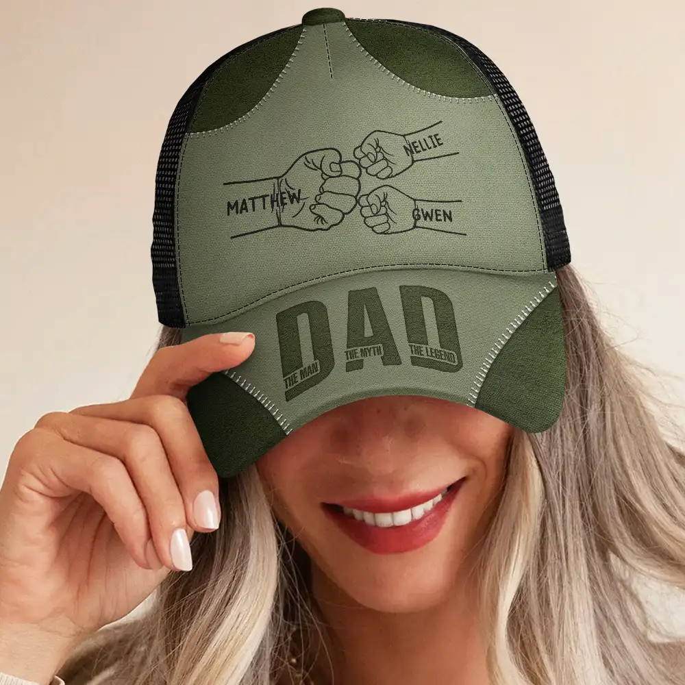 Dad Kid First Bump The Man The Myth The Legend - Personalized Mesh-back Casual Cap - Image 5