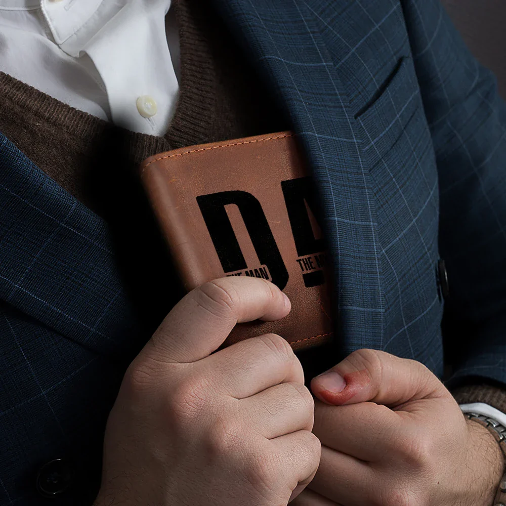 Dad Kid Hand Punch The Man The Myth The Father - Personalized Engraved Leather Wallet - Image 4