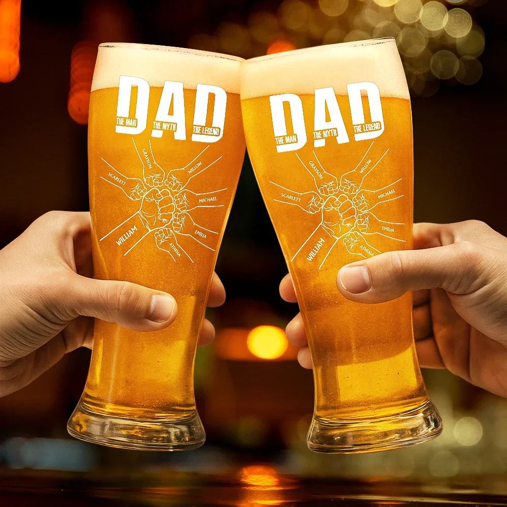 Dad Kid Hand Punch The Man The Myth The Father - Personalized Pilsner Glass - Image 2