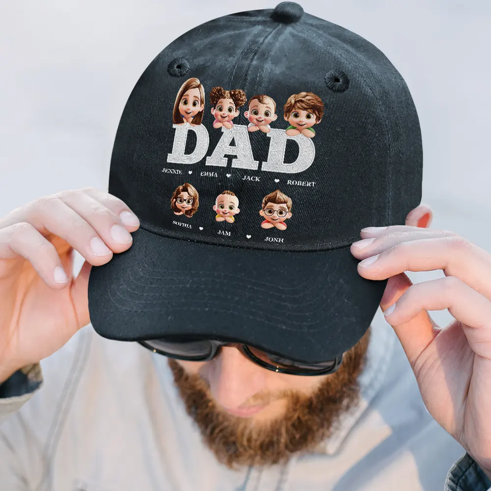 Dad Papa Grandpa Embroidery Effect Title - Personalized Vintage Washed Denim Cap - Image 2