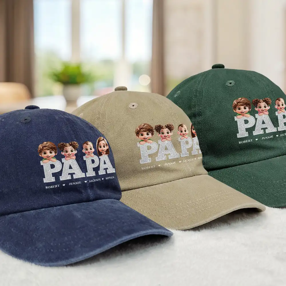 Dad Papa Grandpa Embroidery Effect Title - Personalized Vintage Washed Denim Cap - Image 3