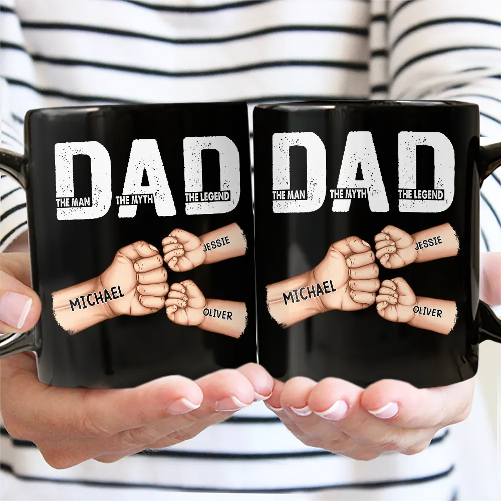 Dad The Man The Myth The Legend Fist Bump - Personalized Black Mug - Image 2