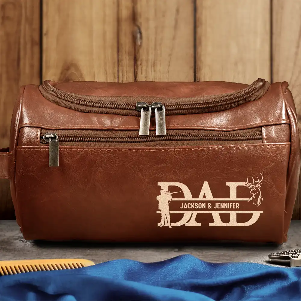 Dad We Love You With Kids Names - Personalized Leather Toiletry Bag - Image 3