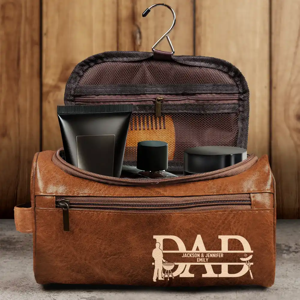 Dad We Love You With Kids Names - Personalized Leather Toiletry Bag - Image 4
