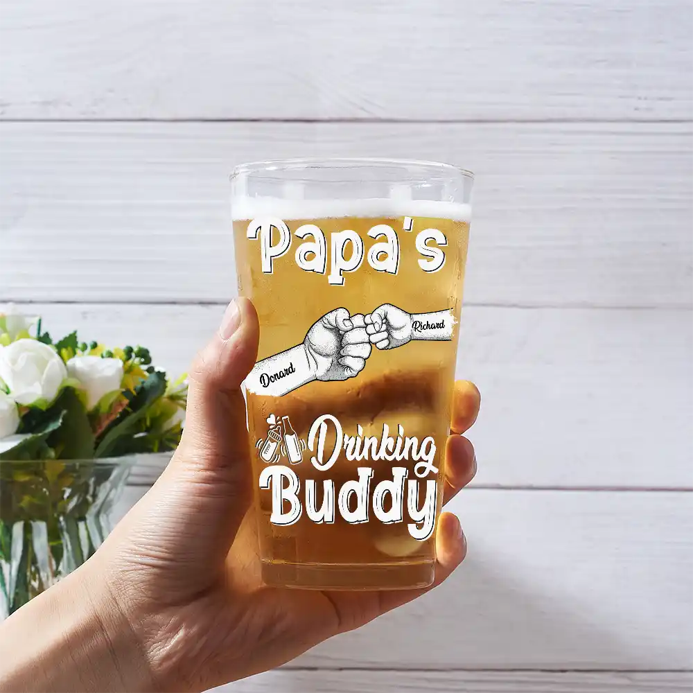 Daddy Drinking Buddy Funny Baby And Dad - Personalized Beer Glass - Image 4