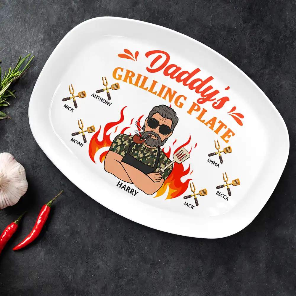 Daddy Grilling Plate Fire Cartoon - Personalized Plate - Image 2