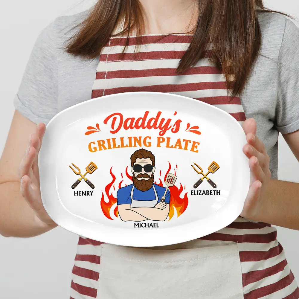 Daddy Grilling Plate Fire Cartoon - Personalized Plate - Image 3