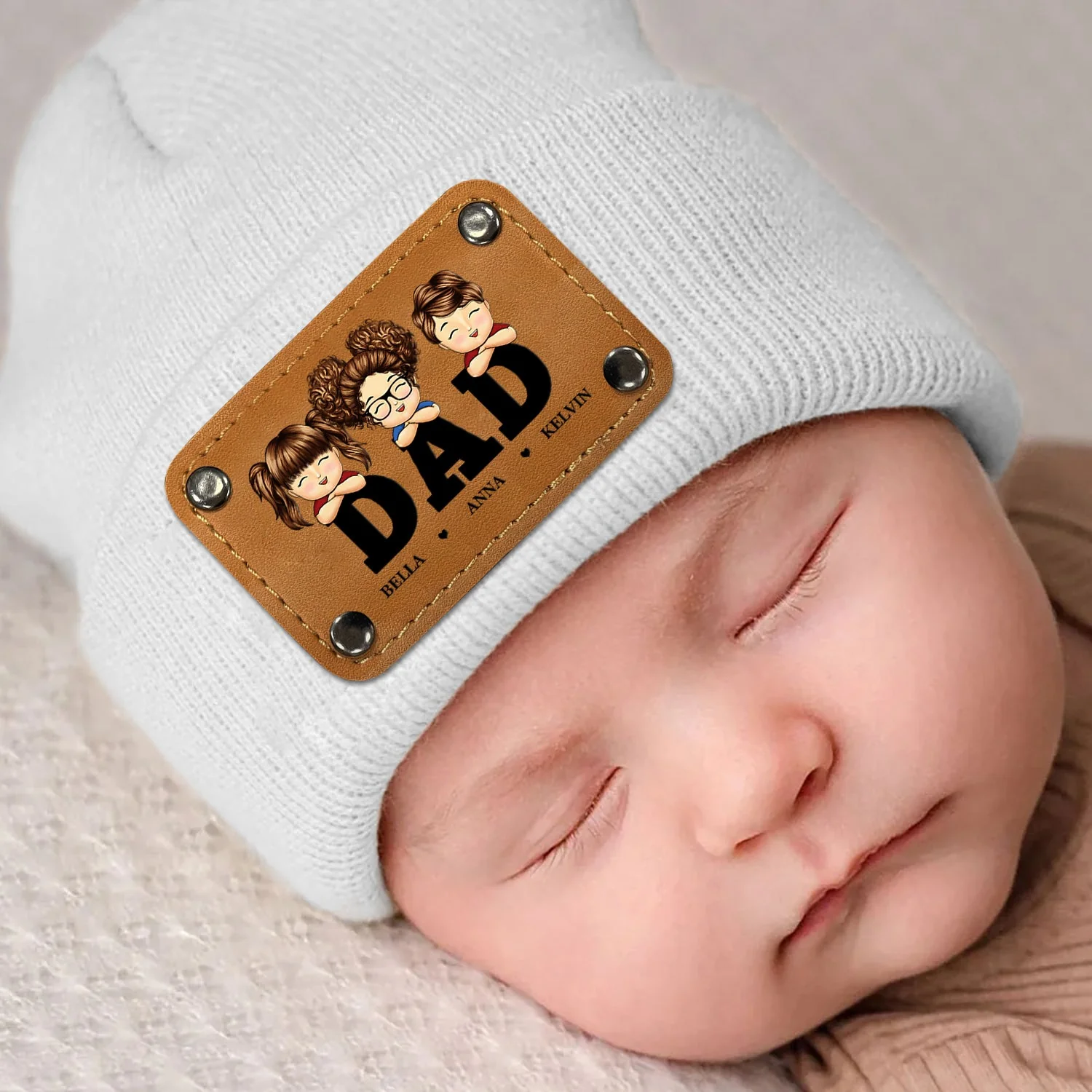 Daddy Papa - Gift For Father, Grandpa - Personalized Beanie With Leather Patch - Image 4