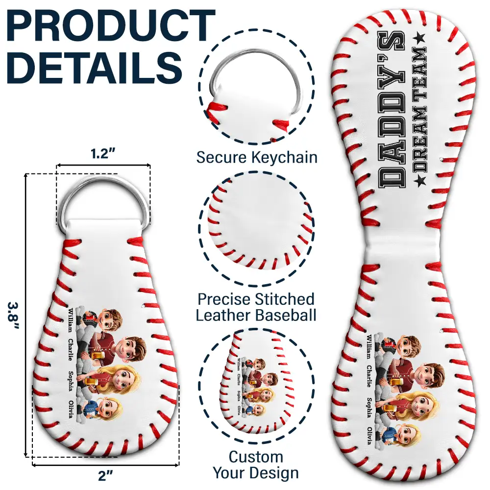 Daddy's Dream Team - Personalized Leather Baseball Keychain - Image 5