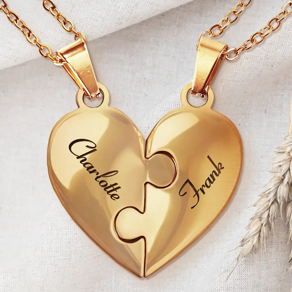 Daughter Mom You Are The Piece That Hold Us Together - Personalized Heart Puzzle Necklace Set - Image 2