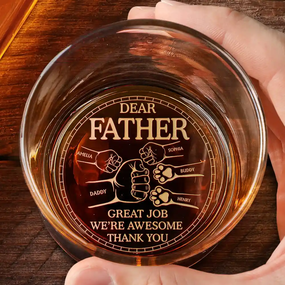 Dear Dad Great Job We're Awesome Thank You Pet And Children Hand Punch - Personalized Engraved Whiskey Glass - Image 2