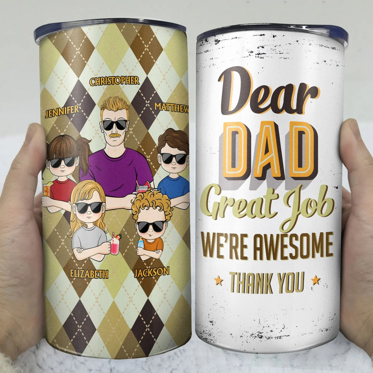 Dear Dad Great Job We're Awesome Thank You Young Argyle Pattern - Birthday, Loving Gift For Father, Grandpa, Grandfather - Personalized Custom 4 In 1 Can Cooler Tumbler - Image 3