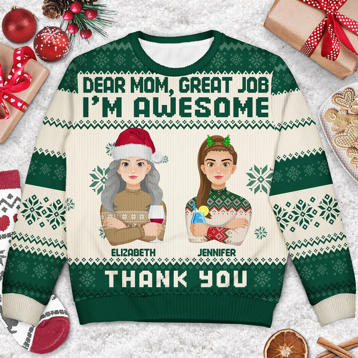 Dear Dad, Mom Great Job We Are Awesome Flat Art - Christmas, Funny Gift For Father, Mother, Grandpa, Grandma - Personalized Unisex Ugly Sweater - Image 3
