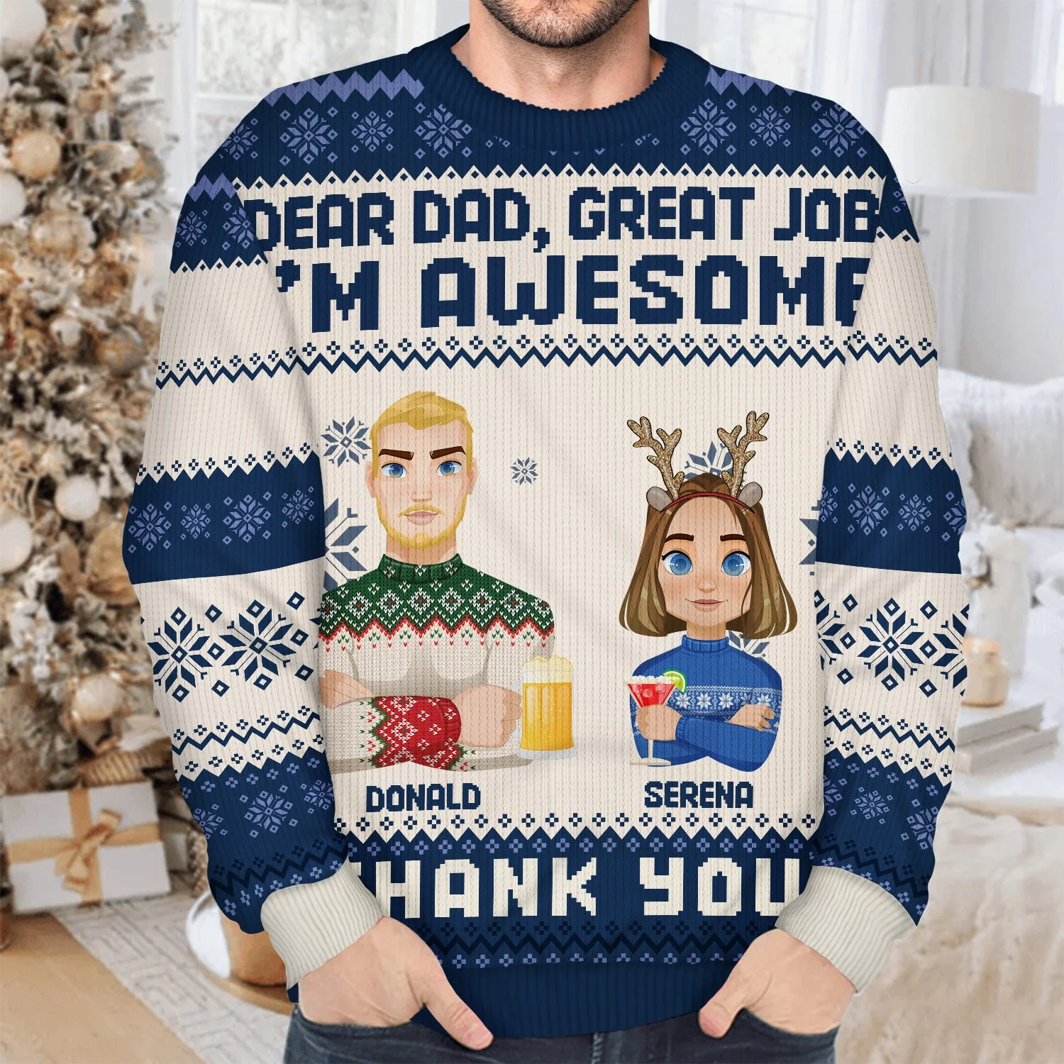 Dear Dad, Mom Great Job We Are Awesome Flat Art - Christmas, Funny Gift For Father, Mother, Grandpa, Grandma - Personalized Unisex Ugly Sweater - Image 4