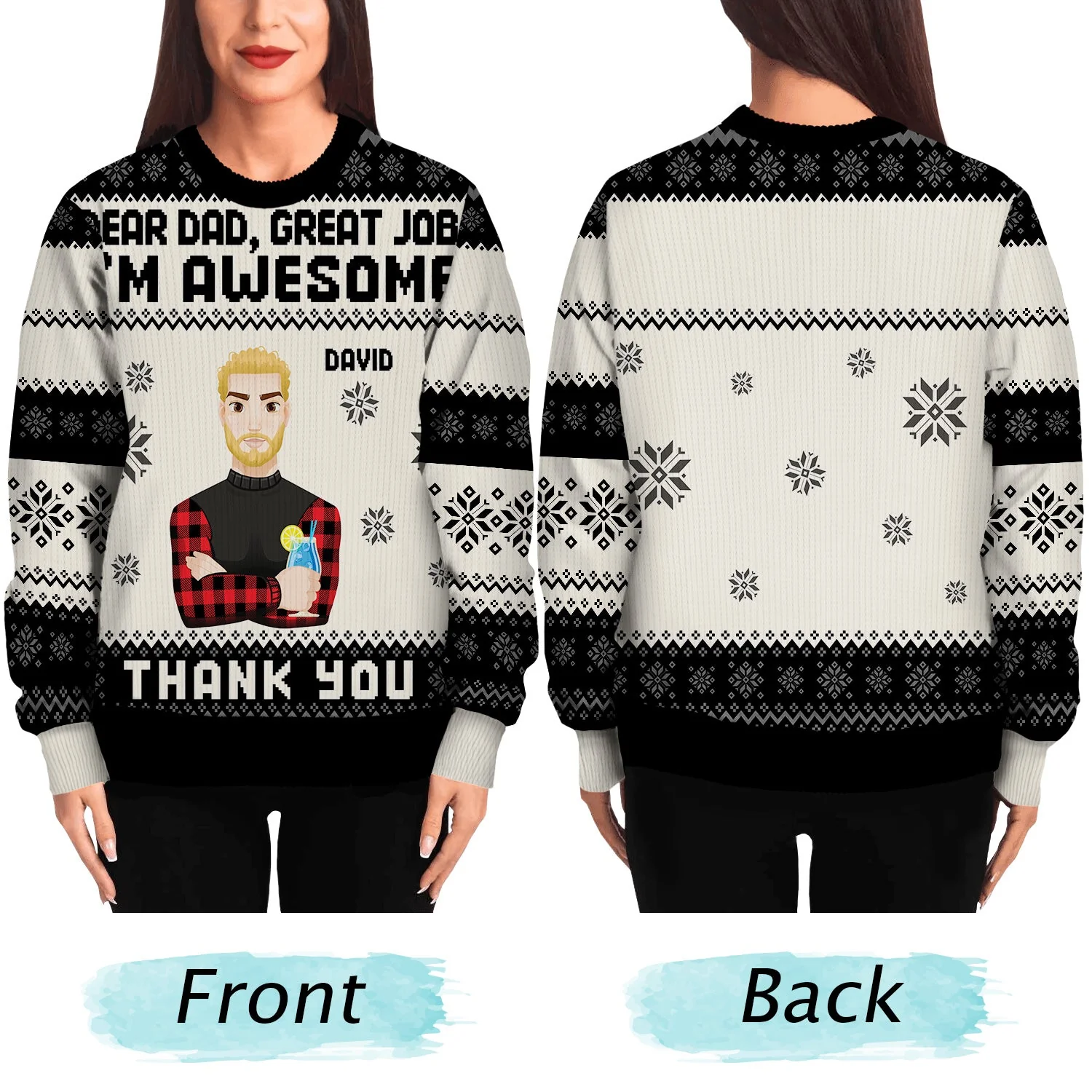 Dear Dad, Mom Great Job We Are Awesome Flat Art - Christmas, Funny Gift For Father, Mother, Grandpa, Grandma - Personalized Unisex Ugly Sweater - Image 5