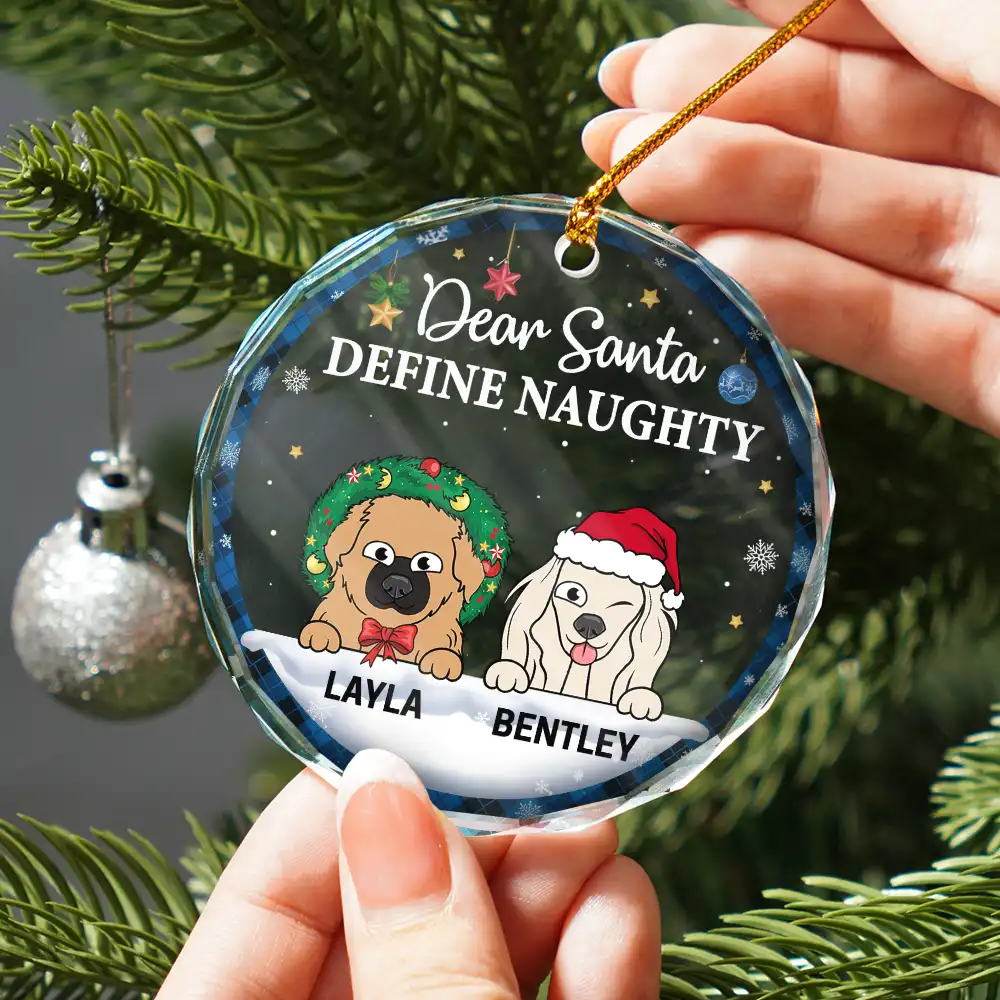 Dear Santa Define Naughty Christmas Dog Cat - Personalized Circle Glass Ornament - Image 2