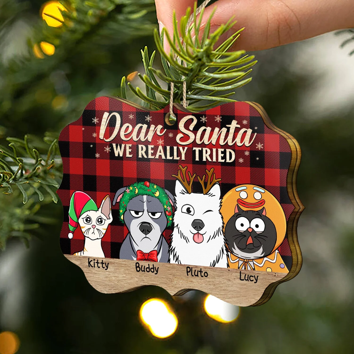 Dear Santa We Really Tried - Christmas Gift For Dog Lovers, Cat Lovers - Personalized Medallion Wooden Ornament - Image 2