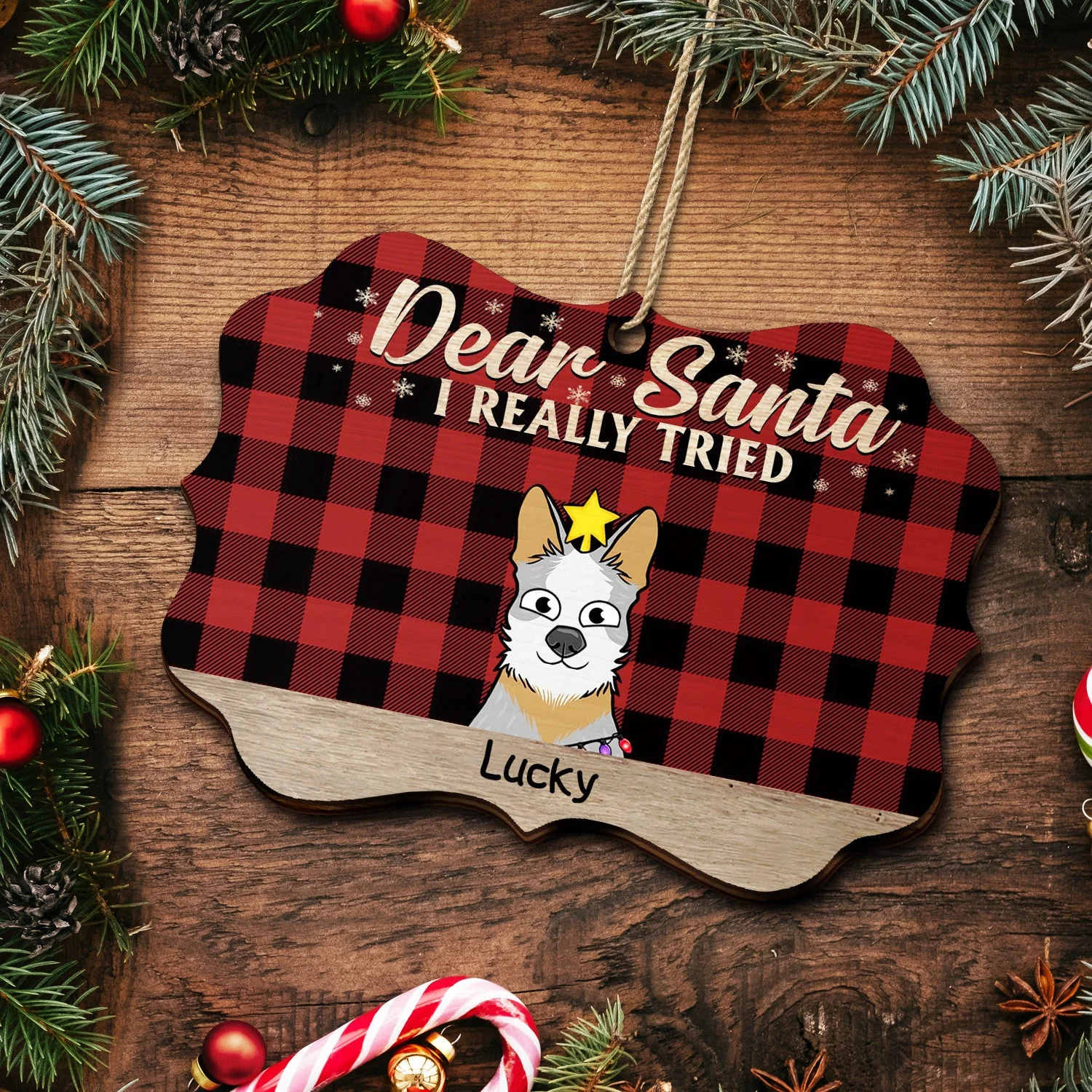 Dear Santa We Really Tried - Christmas Gift For Dog Lovers, Cat Lovers - Personalized Medallion Wooden Ornament - Image 5