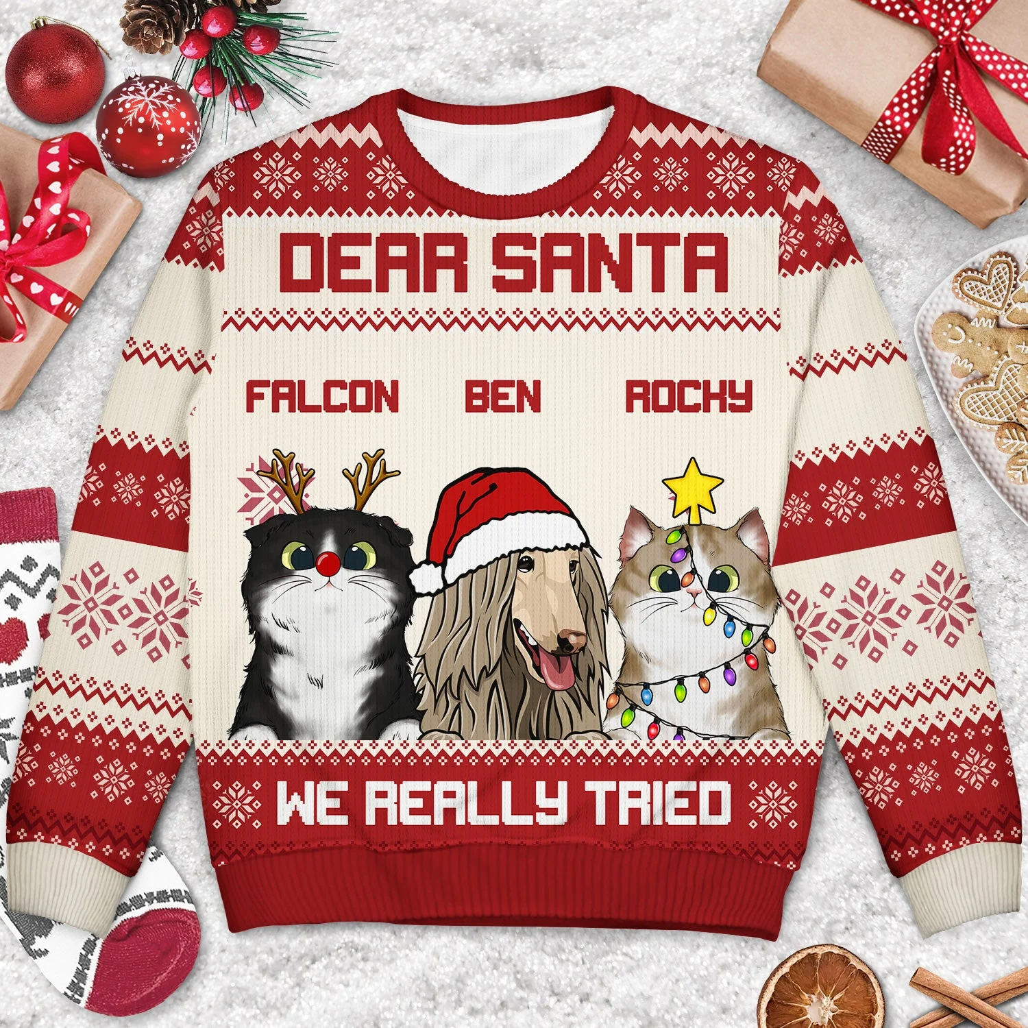 Dear Santa We Really Tried - Funny, Christmas Gift For Cat Lovers, Dog Lovers - Personalized Unisex Ugly Sweater - Image 3