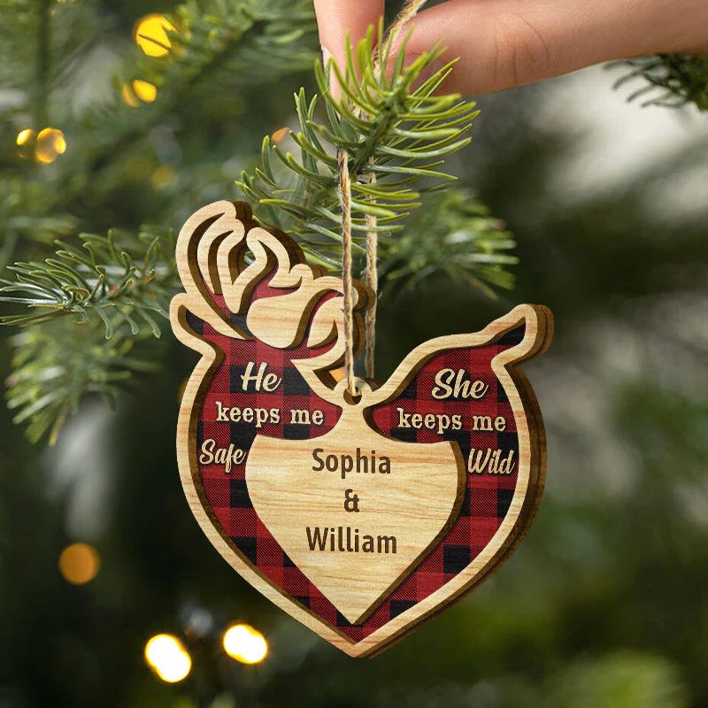 Deer Couple He Keeps Me Safe - Christmas Gift For Couple - Personalized Custom 2 Layered Wooden Ornament - Image 2