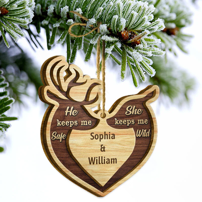 Deer Couple He Keeps Me Safe - Christmas Gift For Couple - Personalized Custom 2 Layered Wooden Ornament - Image 3