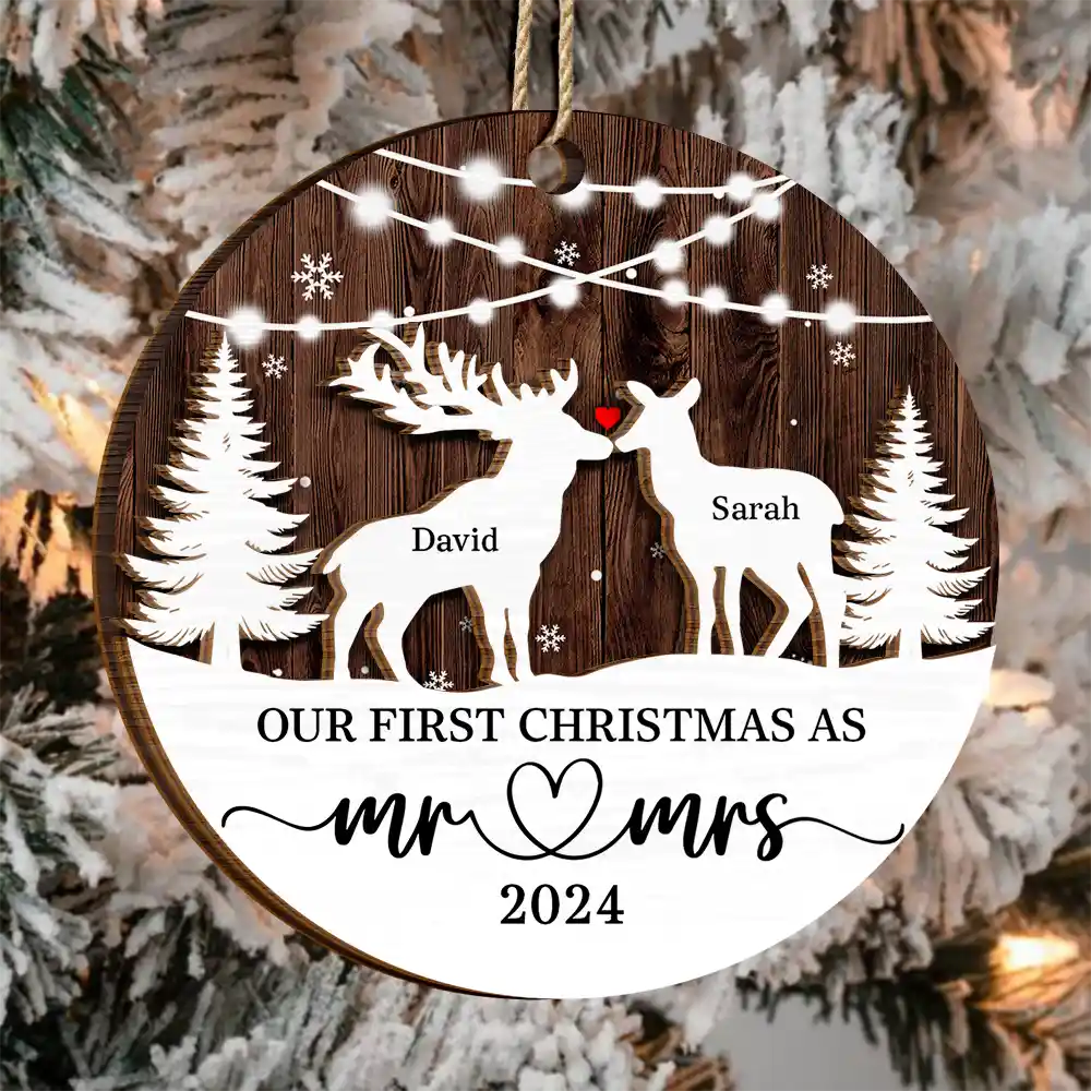 Deer Couple Our First Christmas As Mr. & Mrs. - Personalized 2-Layered Wooden Ornament - Image 3
