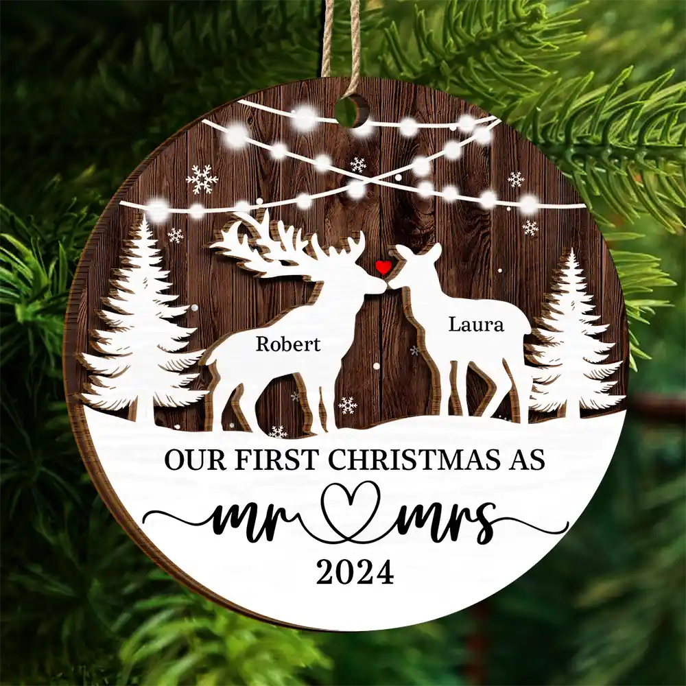 Deer Couple Our First Christmas As Mr. & Mrs. - Personalized 2-Layered Wooden Ornament - Image 4
