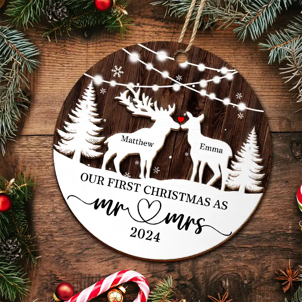Deer Couple Our First Christmas As Mr. & Mrs. - Personalized 2-Layered Wooden Ornament - Image 5