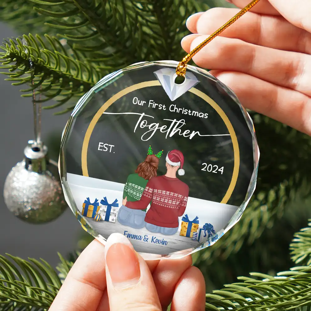Diamond Ring First Christmas Married - Personalized Circle Glass Ornament - Image 2