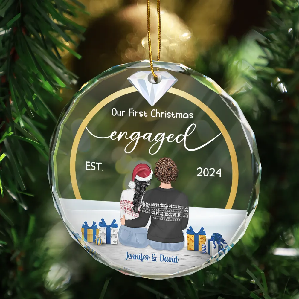 Diamond Ring First Christmas Married - Personalized Circle Glass Ornament - Image 3