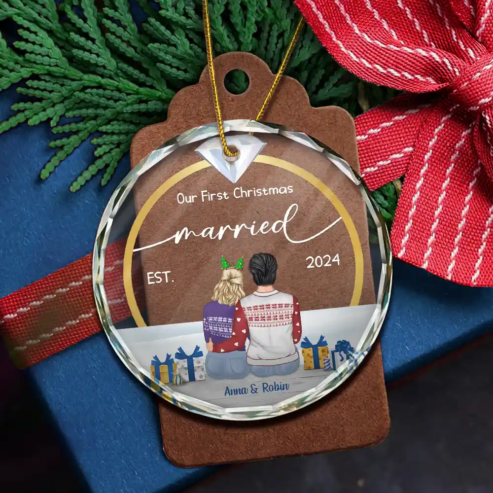 Diamond Ring First Christmas Married - Personalized Circle Glass Ornament - Image 5