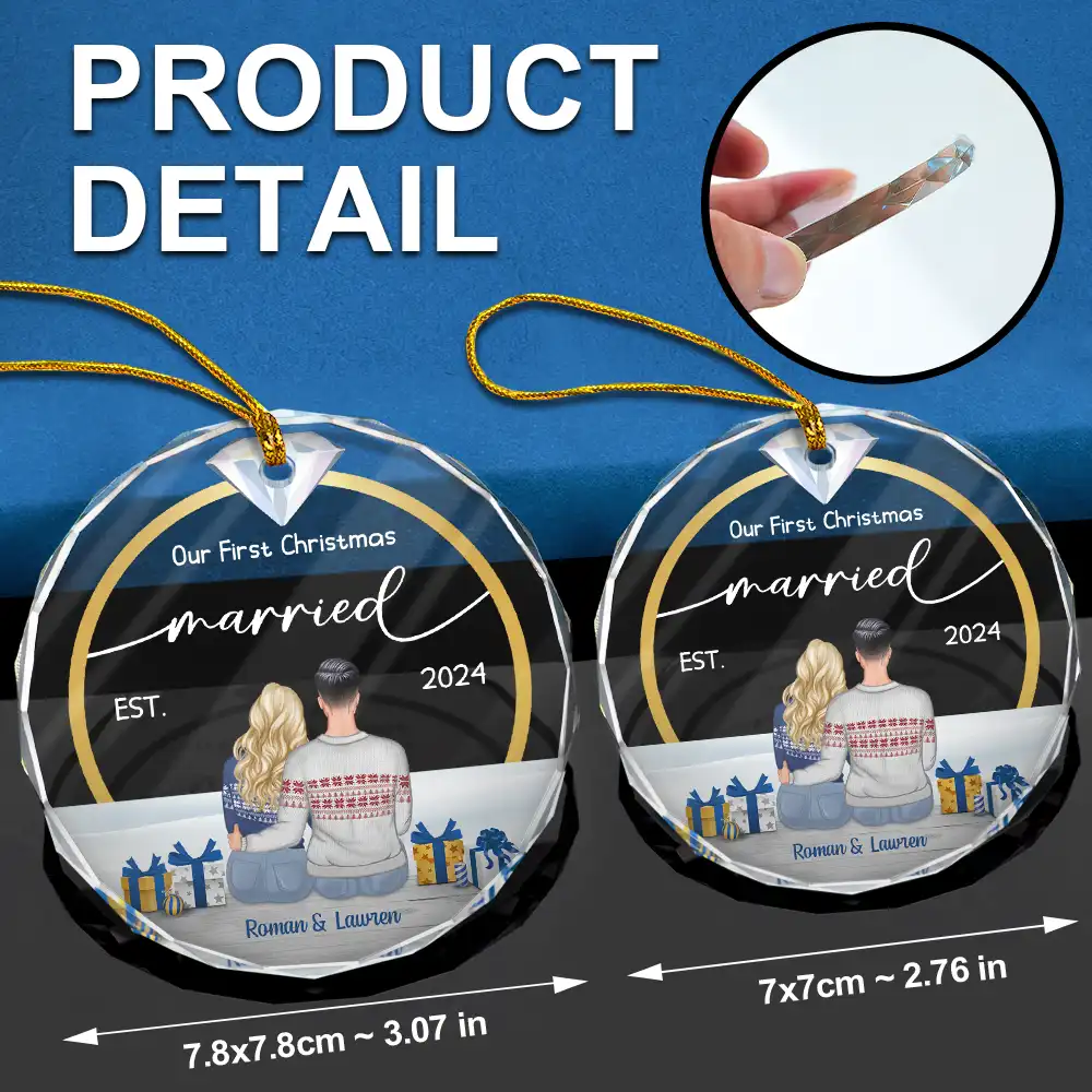 Diamond Ring First Christmas Married - Personalized Circle Glass Ornament - Image 6