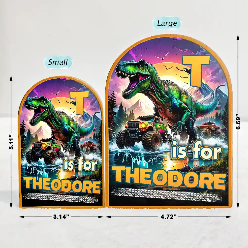 Dinosaur Big Trucks Kids - Personalized Wood Book Ends - Image 4