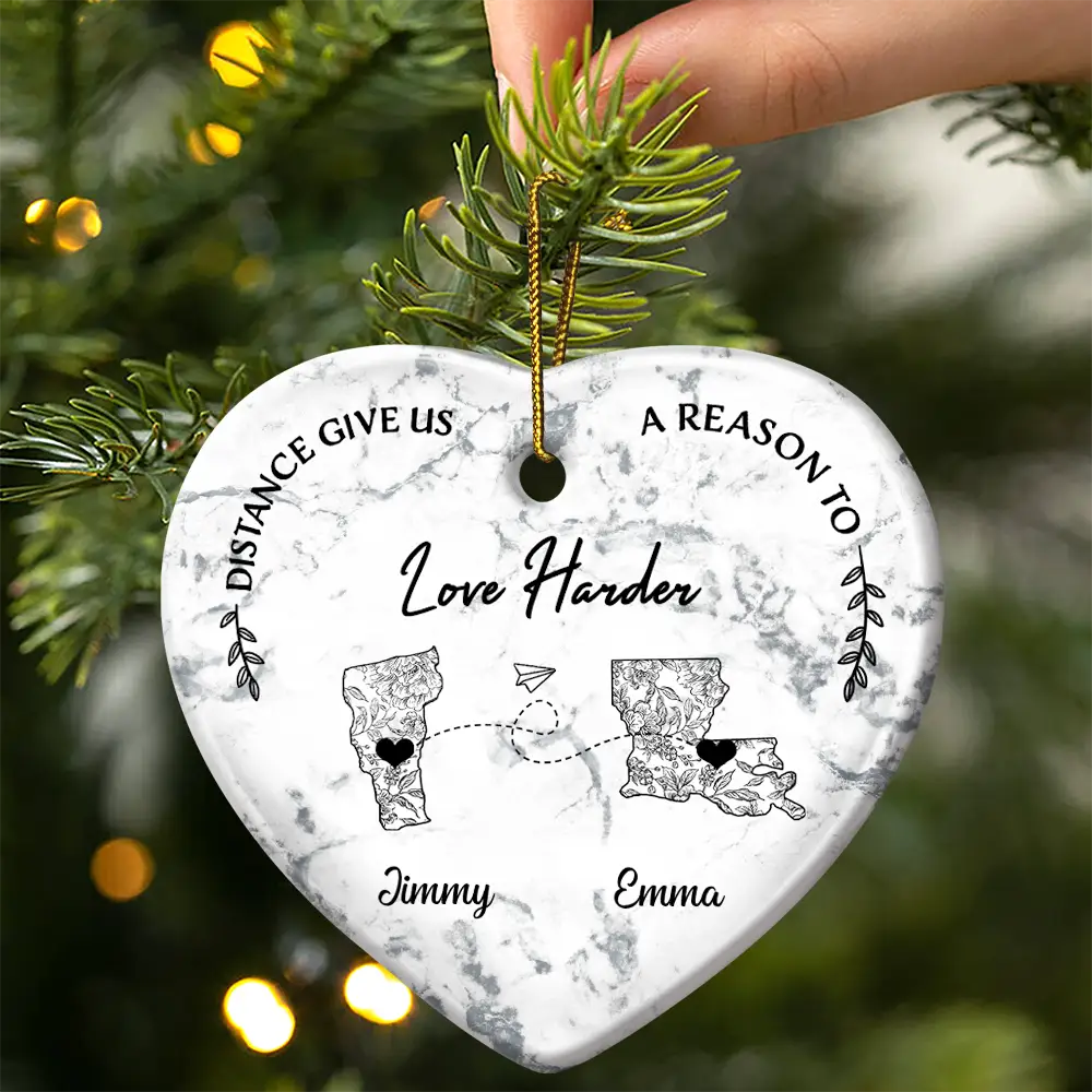 Distance Give Us A Reason To Love Harder Toile US State - Personalized Heart Ceramic Ornament - Image 3