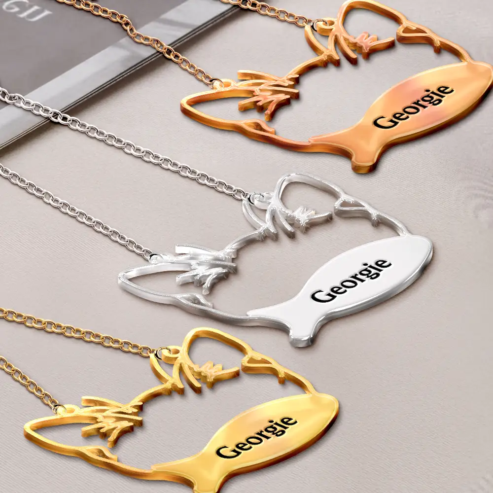 Dog Cat Face Line Art With Name - Personalized Letter Necklace - Image 2