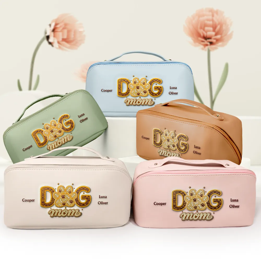 Dog Cat Mama Mom Custom Pet Name - Personalized Embroidered Leather Makeup Bag - Image 3