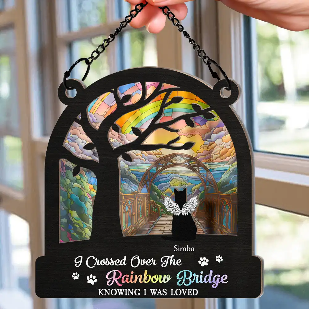 Dog Cat Silhouette Over The Rainbow Bridge - Personalized Window Hanging Suncatcher Ornament - Image 2