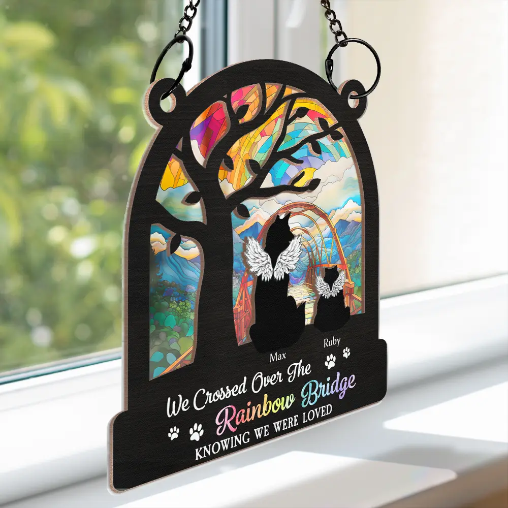 Dog Cat Silhouette Over The Rainbow Bridge - Personalized Window Hanging Suncatcher Ornament - Image 3