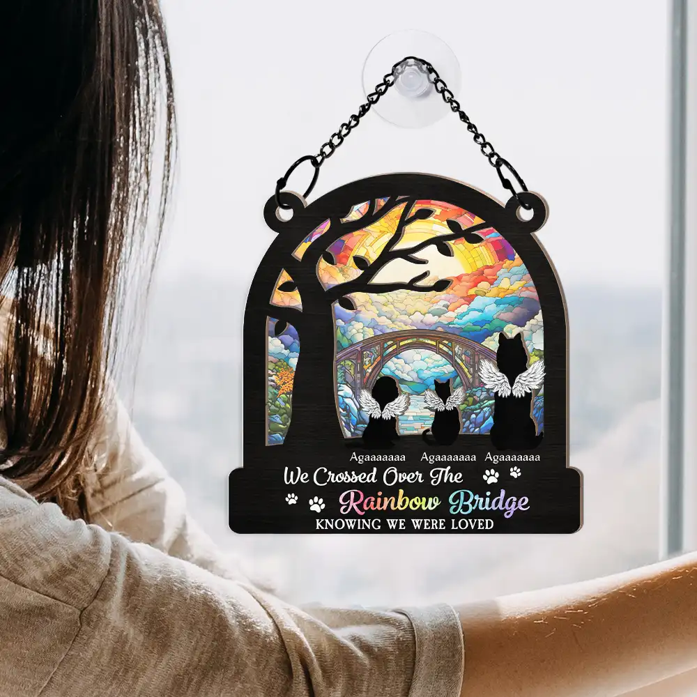 Dog Cat Silhouette Over The Rainbow Bridge - Personalized Window Hanging Suncatcher Ornament - Image 4