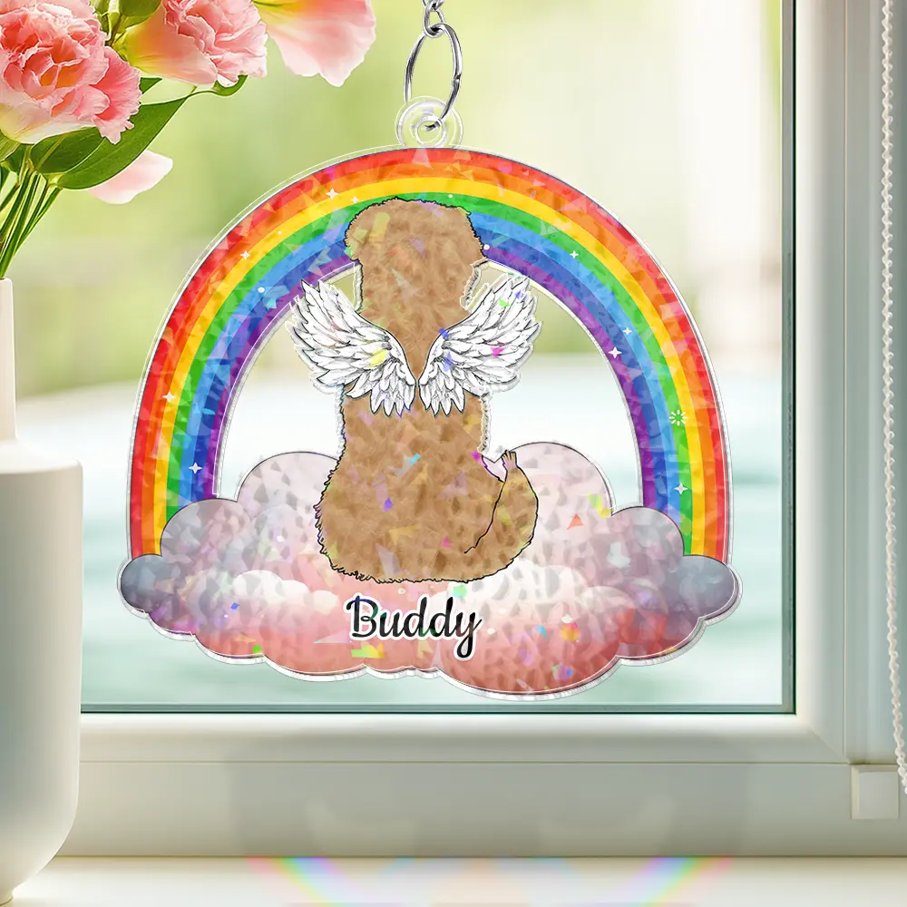 Dog Cat Sitting On The Cloud - Personalized Window Corner Suncatcher - Image 2