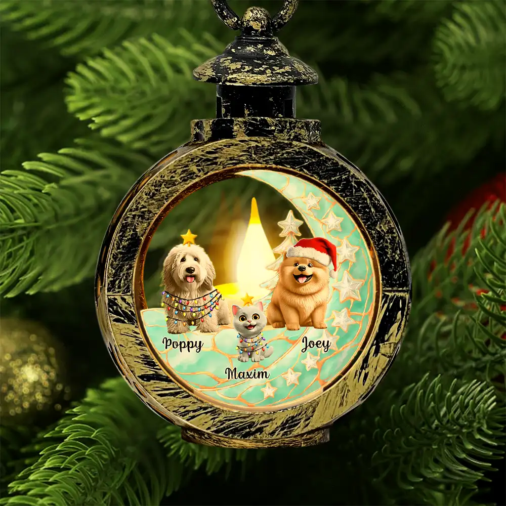 Dog Cat Sitting With Stars 3D Effect - Personalized Candlelight Lantern Ornament - Image 4